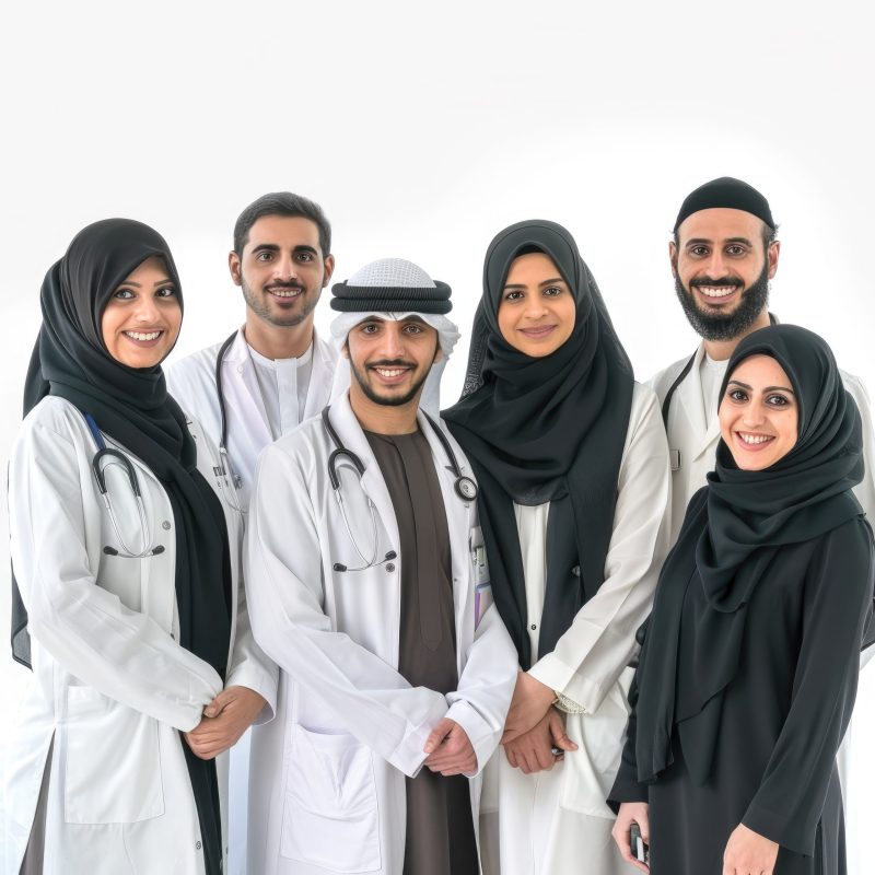 group of arab doctors male and females, on the white background smiling and looking stright on the you , female doctors wear black hijab --style raw --stylize 50 Job ID: 84389433-af34-47b4-88ed-3995417482bd